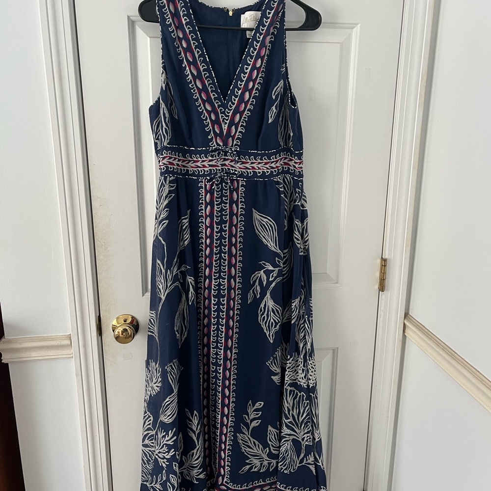 Lilly Pulitzer Navy and Pink Embroidered Midi Dress